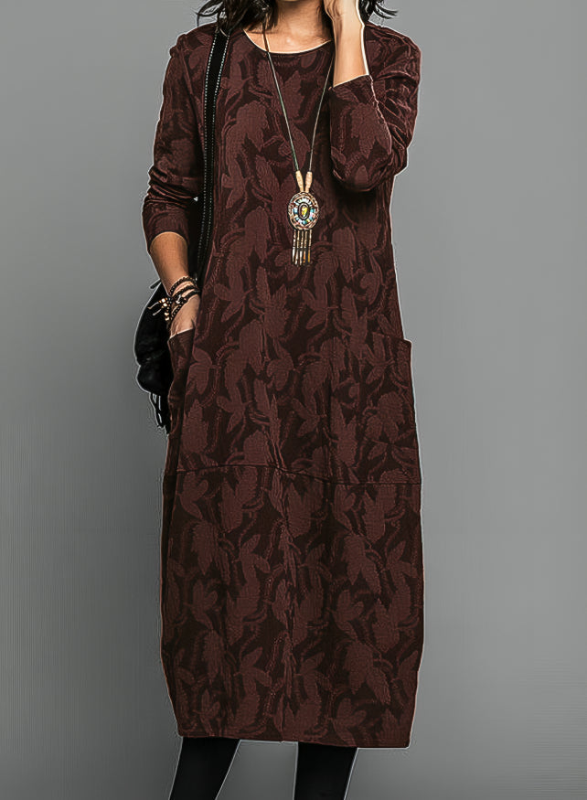 Women’s Relaxed Wedding Guest Midi Dress – Printed Long Sleeve Style with Pockets