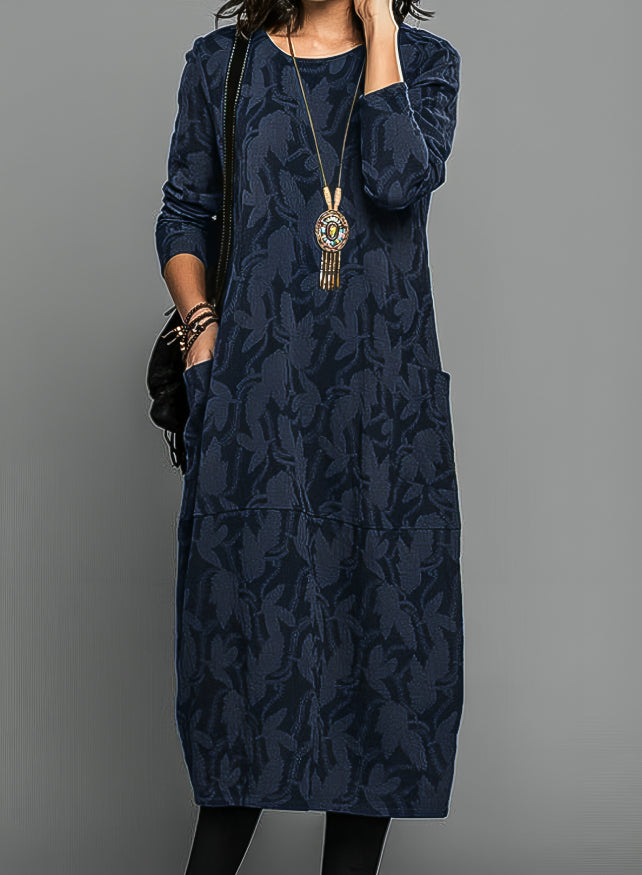 Women’s Relaxed Wedding Guest Midi Dress – Printed Long Sleeve Style with Pockets