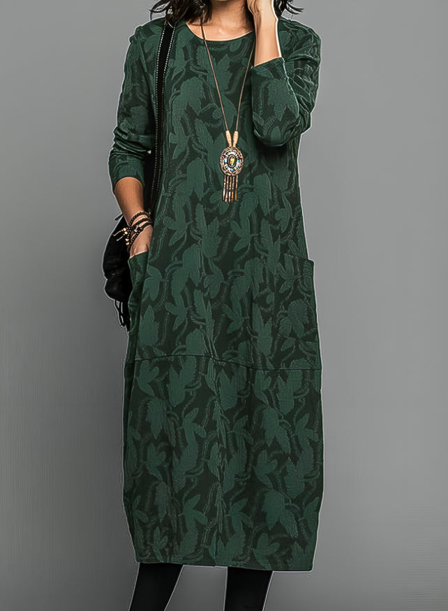 Women’s Relaxed Wedding Guest Midi Dress – Printed Long Sleeve Style with Pockets
