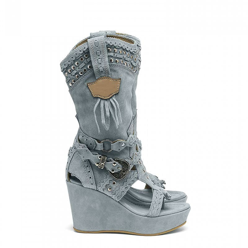 Women’s Western Knee-High Wedge Boots – Studded Cut-Out Open-Toe Cowboy Boots with Platform Heel for Festivals and Statement Wear