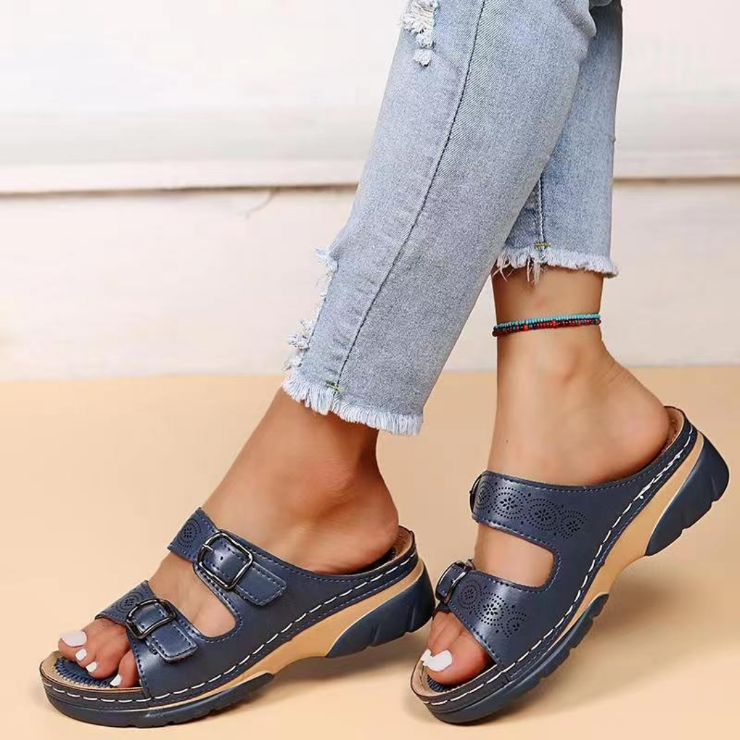 Women’s Adjustable Comfort Slide Sandals – Double-Buckle Open-Toe Walking Shoes with Cushioned Sole for Everyday Summer Wear