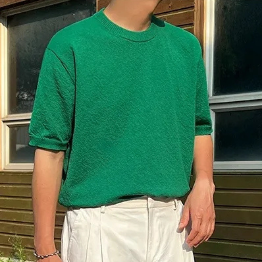 Tricou bărbați din tricot texturat, guler rotund clasic, top casual