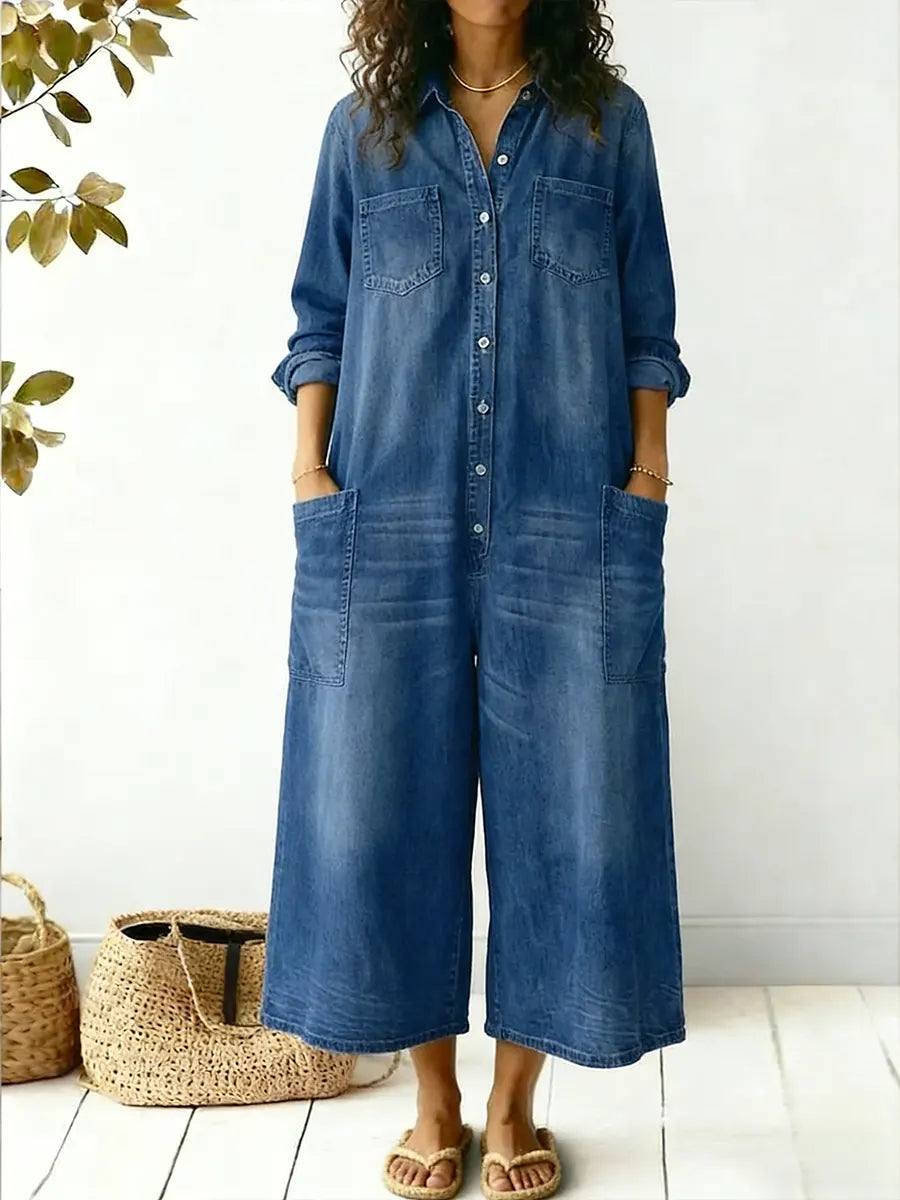 Women’s Wide Leg Denim Jumpsuit Button Front Casual Overall