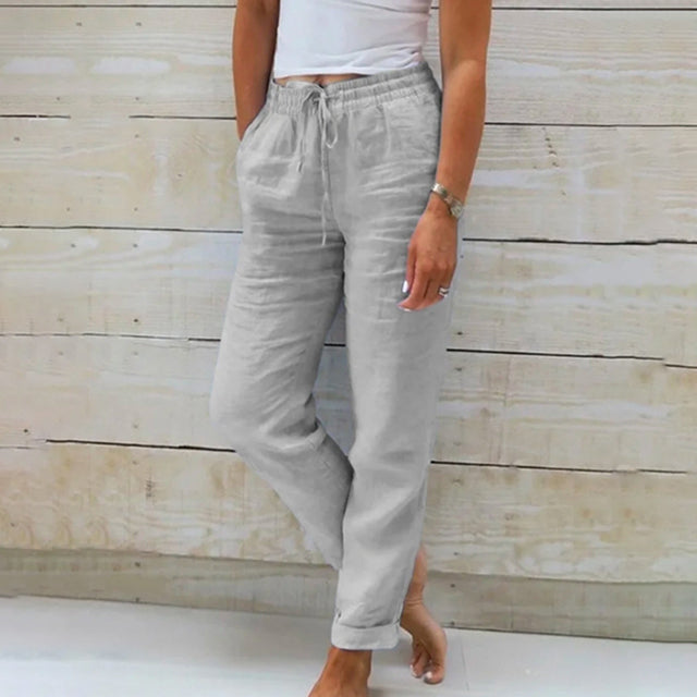 Pantaloni de vară pentru femei, din in, cu șnur, ușori și lejeri
