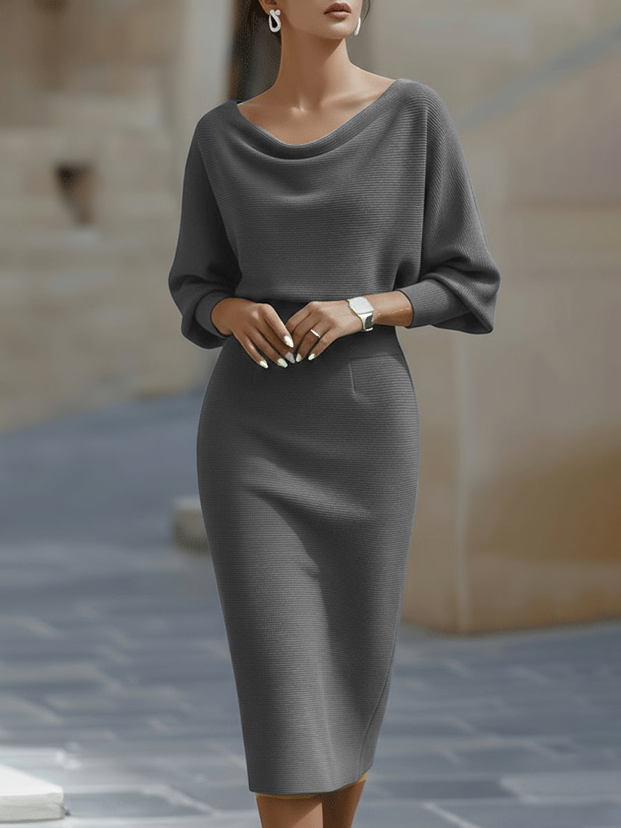 Women’s Draped Neck Midi Bodycon Dress – Batwing Sleeve Wedding Guest Style