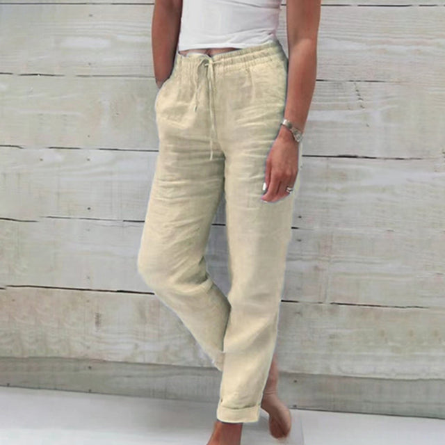 Pantaloni de vară pentru femei, din in, cu șnur, ușori și lejeri