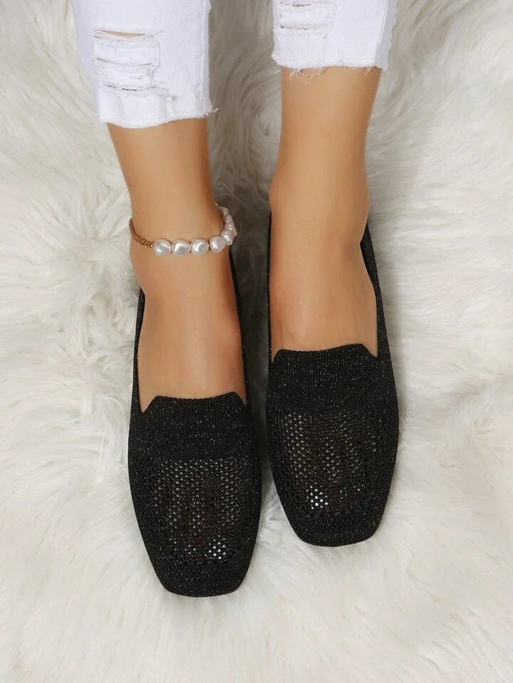 Gestrickte Loafer-Ballerinas für Damen mit eckiger Spitze – Schlupfschuhe mit Lochmuster für den gepflegten Freizeitlook