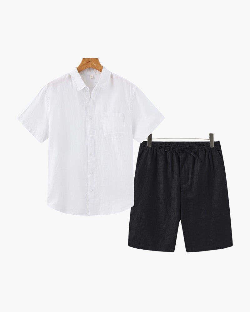 Set relaxat de vară pentru bărbați, cămașă și pantaloni scurți din in