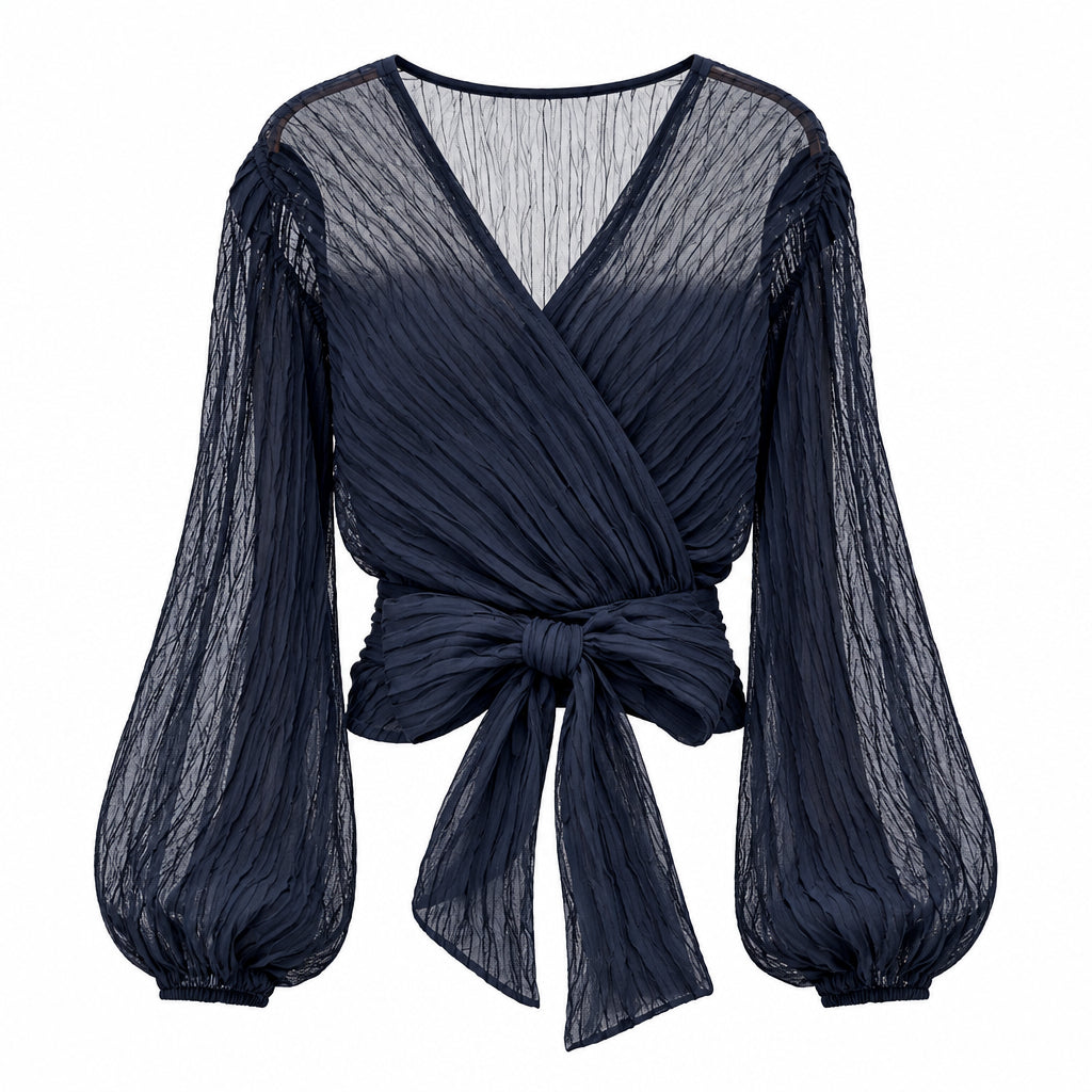 Damenbluse mit V-Ausschnitt und Wickeldesign – plissiertes Oberteil mit langen Ärmeln und Bindeband vorne für elegante Freizeitlooks