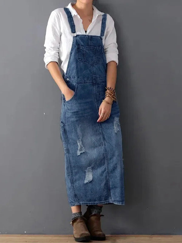 Vestido Maxi Pinafore de Ganga Desgastada para Mulher com Bolsos