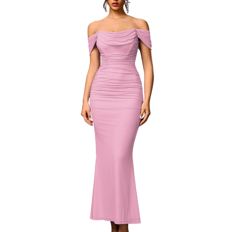 Schulterfreies Damen-Maxikleid mit Raffungen - figurbetonter Abendstil für Partys, formelle Anlässe und romantische Abende