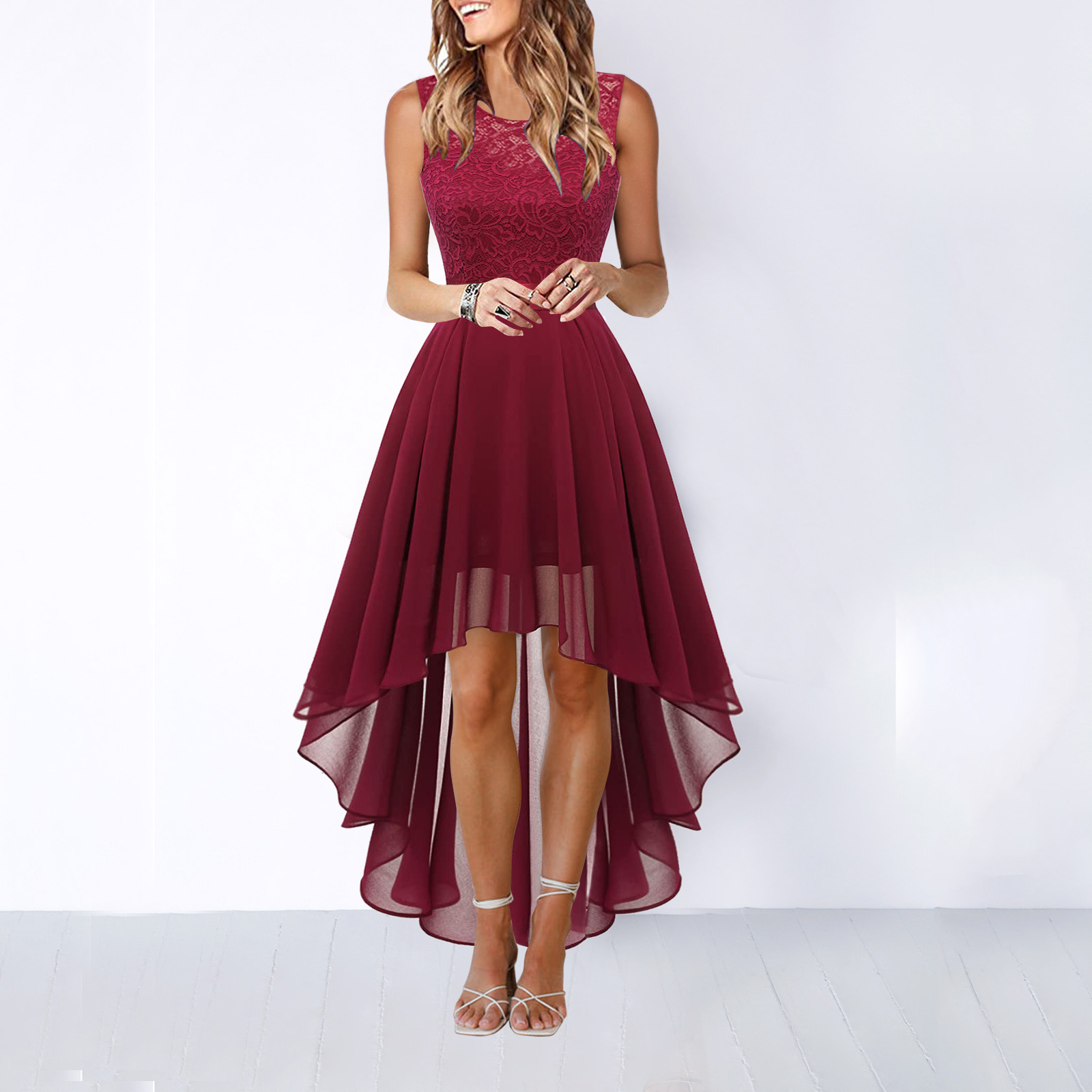 Women’s Asymmetrical High Low Evening Dress Elegant Sleeveless Flowing Party Occasion Dress