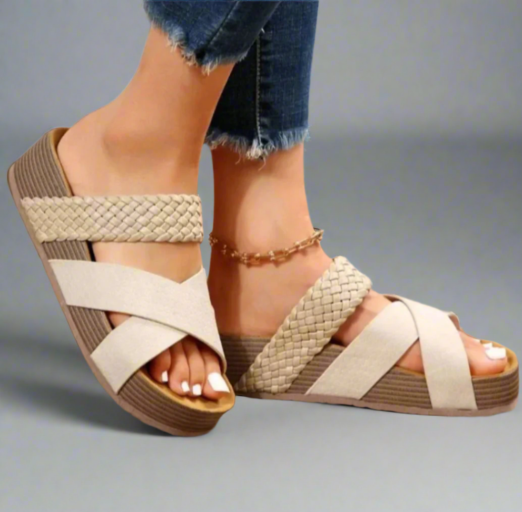 Sandálias de cunha entrançadas para mulher com tiras cruzadas – sapatos de verão com plataforma para uso diário e férias