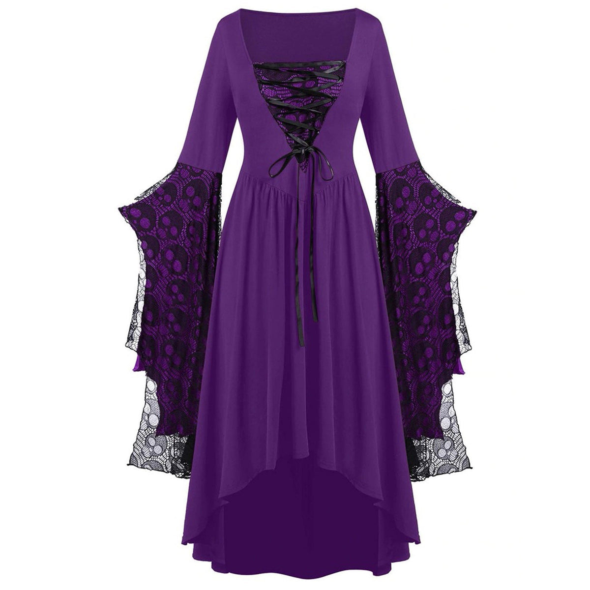 Maxi-jurk met kanten mouwen en verschillende zoomlengtes voor dames - avondjurk met vierkante hals en veterdetail voor themafeesten en speciale gelegenheden