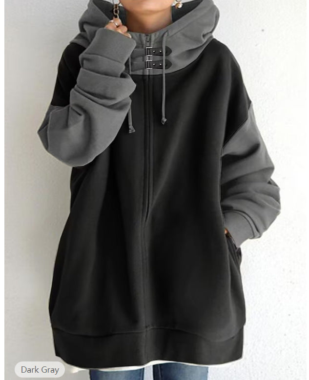 Dameshoodie met oversized pasvorm, rits en contrasterende mouwen - losvallende hoodie met lange mouwen, decoratieve sluitingen bij de hals en geribde manchetten voor de herfst en winter