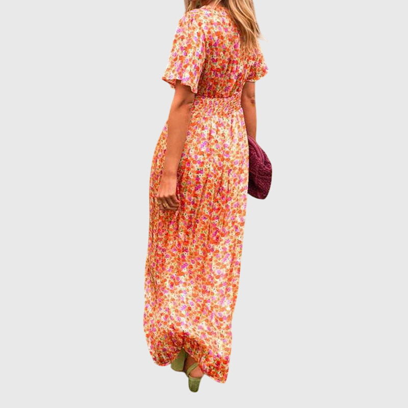 Women’s Printed Maxi Dress – Flowing Short-Sleeve Style for Summer Holidays and Garden Parties