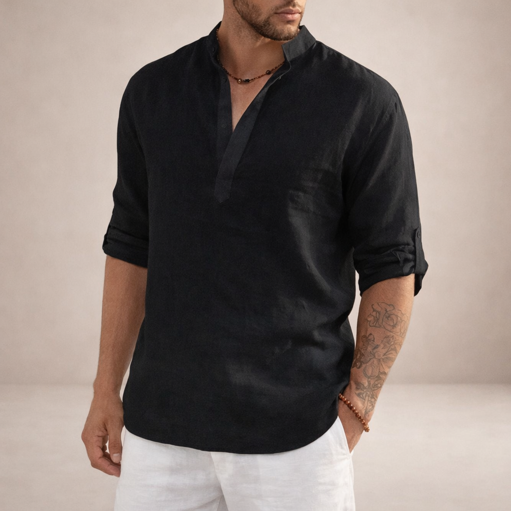 Camicia da uomo in lino con abbottonatura aperta, maniche arrotolate, vestibilità resort