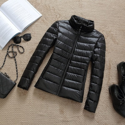 Women’s Shiny Quilted Puffer Jacket – Short Zip-Up Coat for Winter Wear