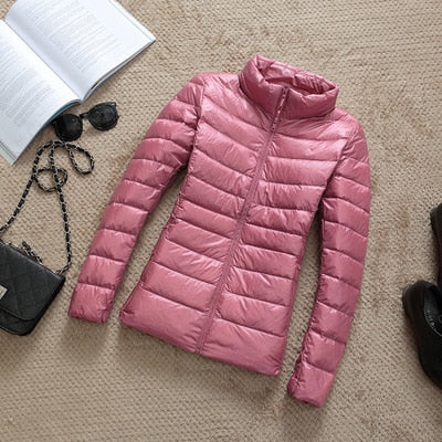 Women’s Shiny Quilted Puffer Jacket – Short Zip-Up Coat for Winter Wear
