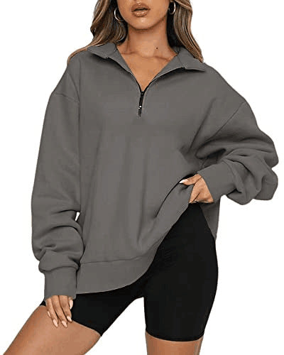 Sudadera extragrande para mujer con cuello y media cremallera – Prenda holgada de manga larga para llevar a capas a diario