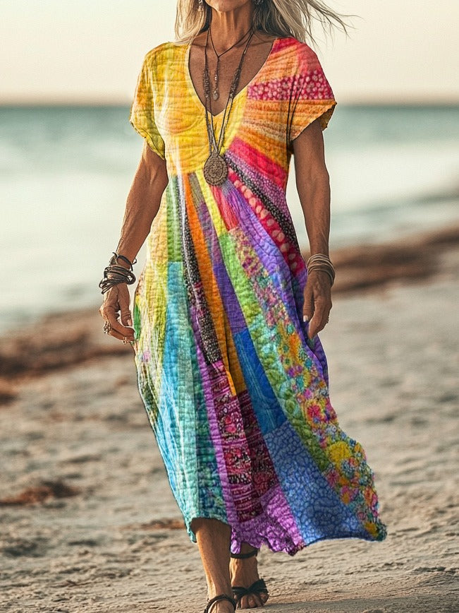Γυναικείο Φόρεμα Boho Maxi με Σχέδιο, Χαλαρή Γραμμή και V-Λαιμόκοψη