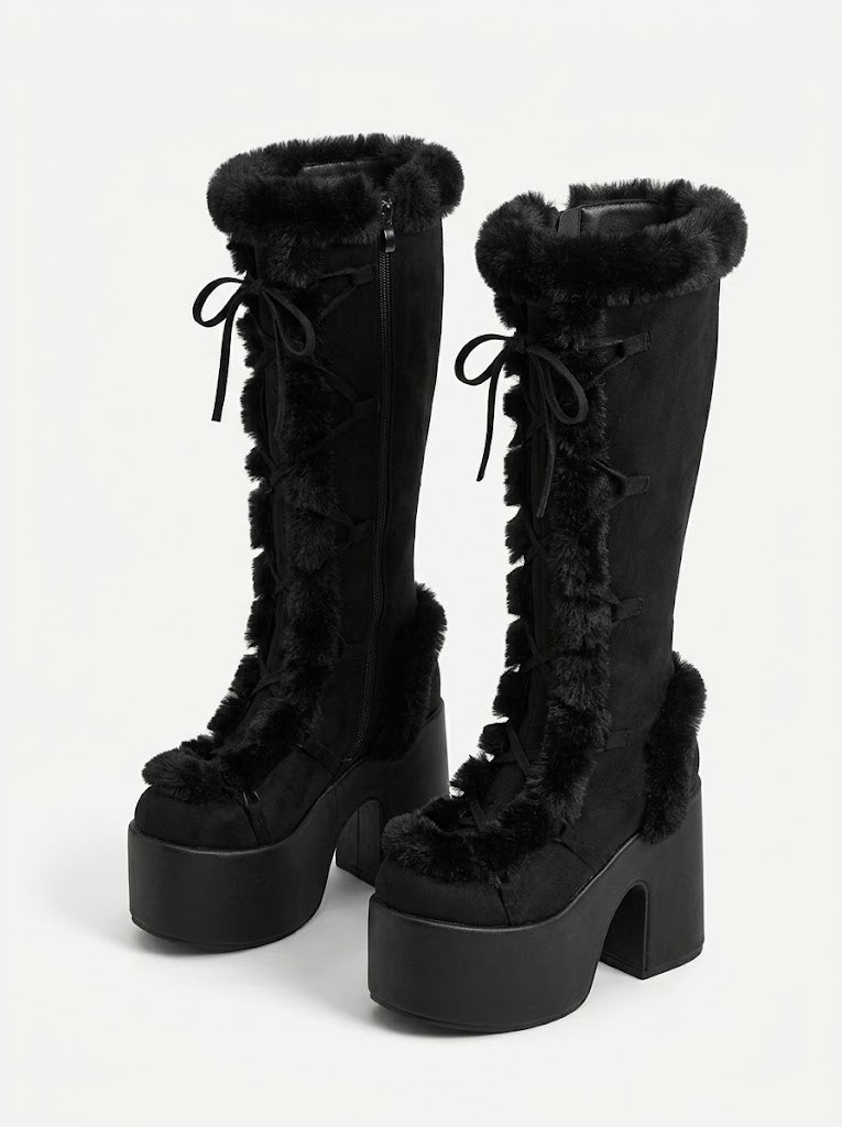 Damen-Schneestiefel aus Wildleder mit Plateau und kniehohem Schaft – winterliche Schnürstiefel mit kuscheligem Futter und Blockabsatz