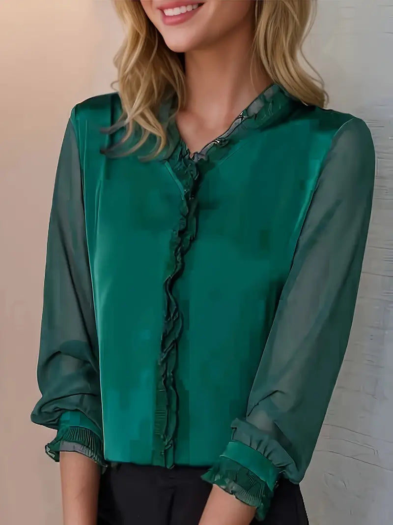 Damen-Chiffonbluse mit Rüschenbesatz – Oberteil mit transparenten Ärmeln für Büro und Abend