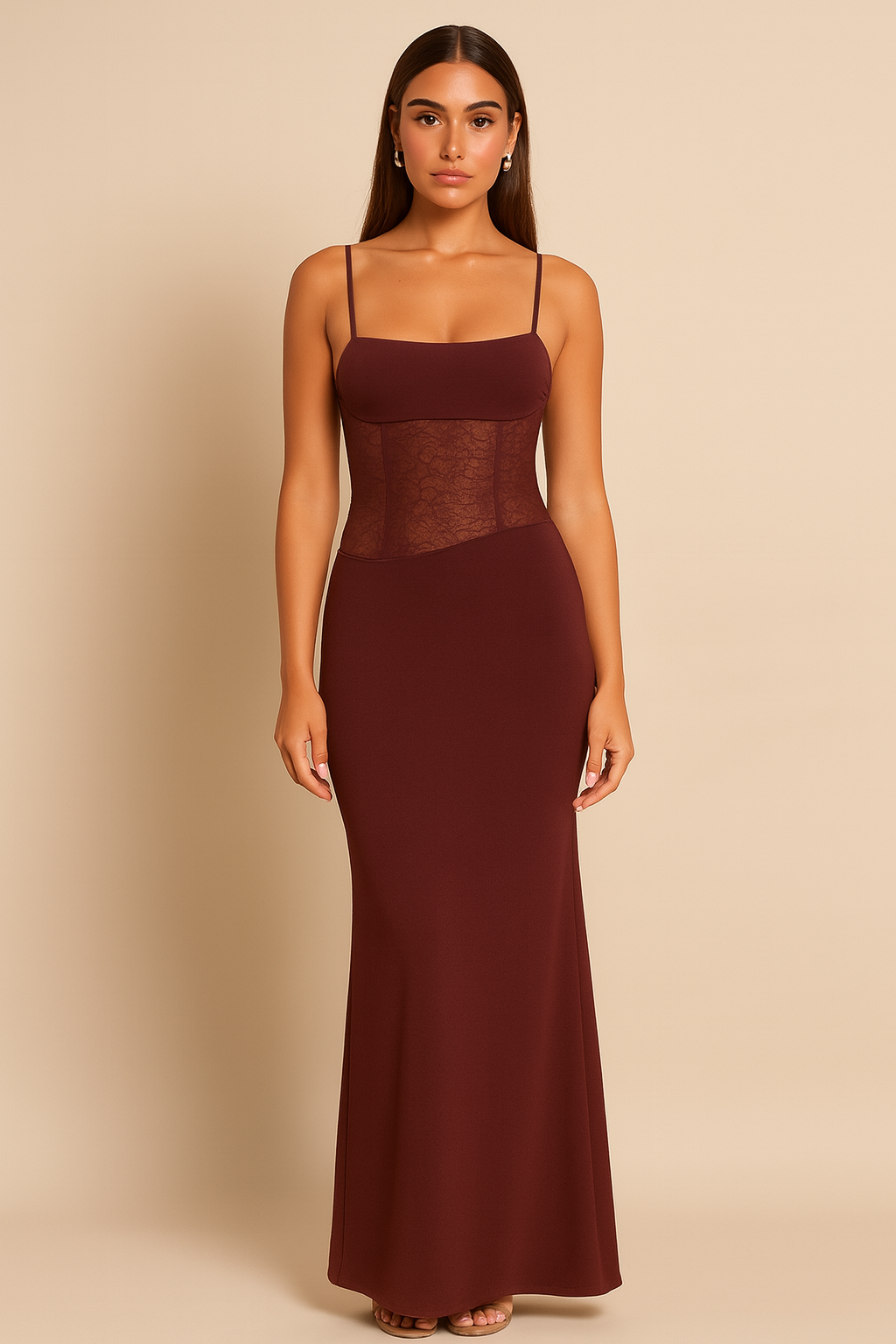 Women’s Lace Panel Maxi Dress Sleek Strap Silhouette