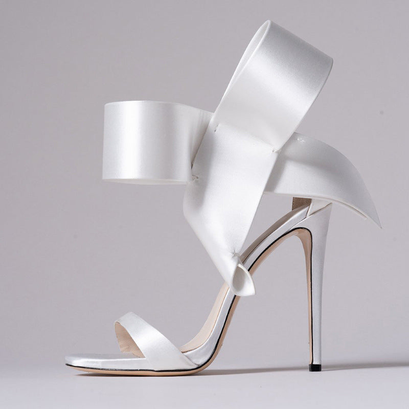 Women’s Oversized Bow Stiletto Sandals – Satin Ankle-Strap High Heels for Weddings Parties and Evening Events