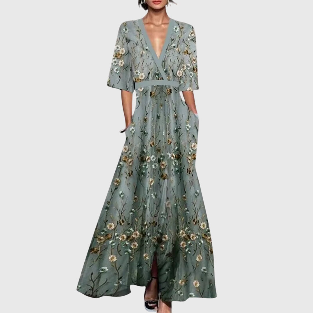 Abito lungo stampato da donna con scollo a V profondo stile da occasione