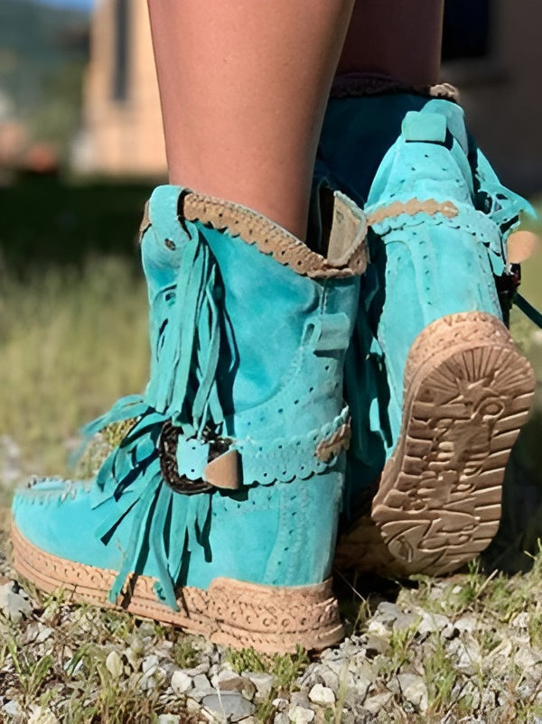 Stivaletti boho da donna alla caviglia – stile western con frange per un look casual