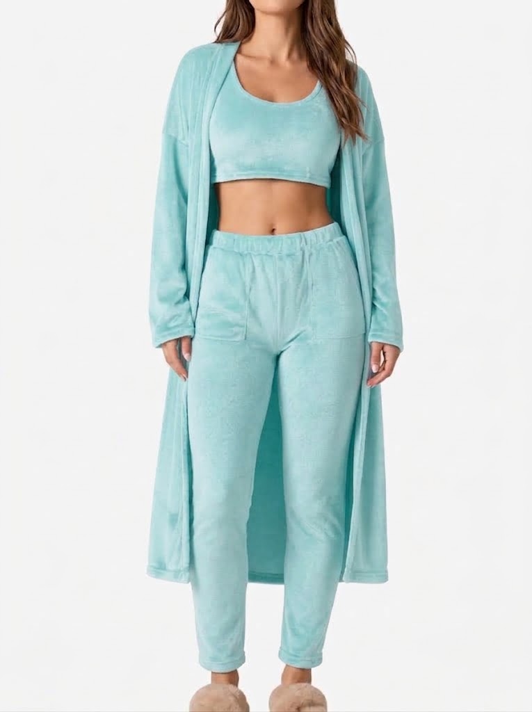 Women’s Plush Three-Piece Loungewear Set – Cropped Tank Top with Longline Cardigan and Elasticated Trousers for Home and Travel