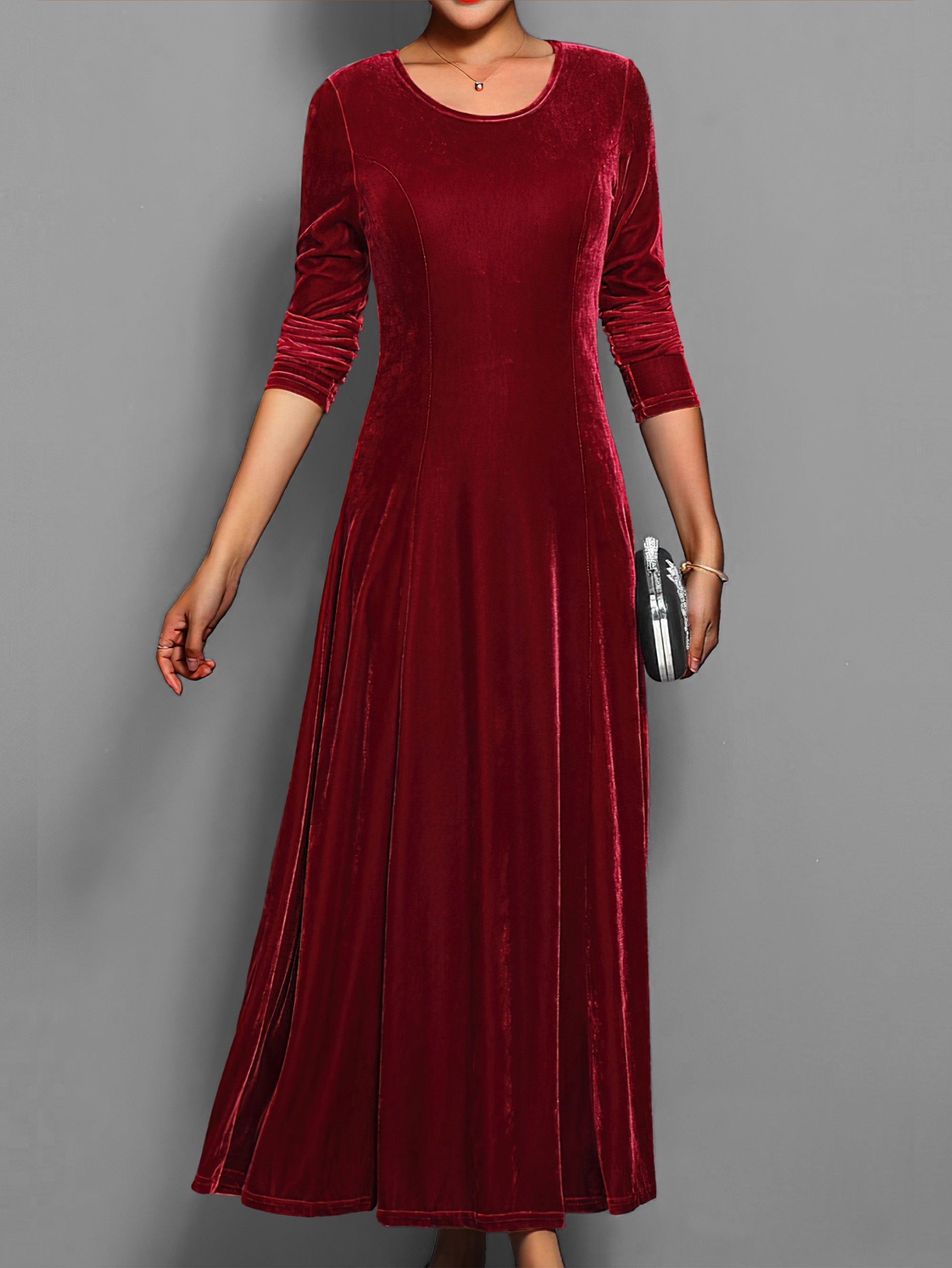Robe longue en velours pour femme – robe ajustée et évasée à manches longues pour événements formels