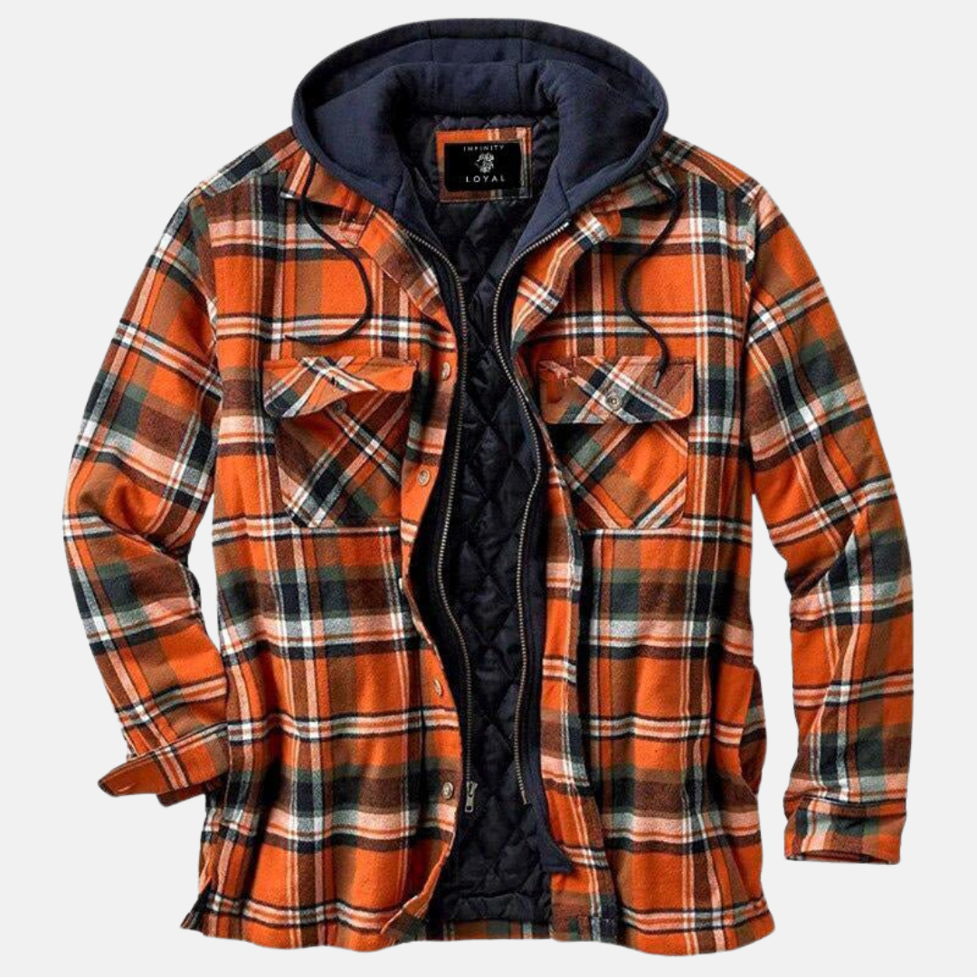 Men’s Warm Hooded Overshirt Jacket – Printed Quilted Layer for Outdoor Wear