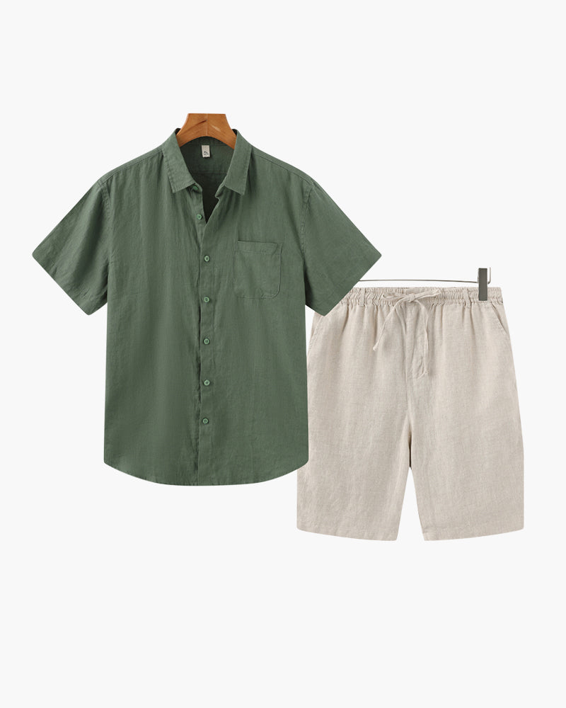 Set relaxat de vară pentru bărbați, cămașă și pantaloni scurți din in