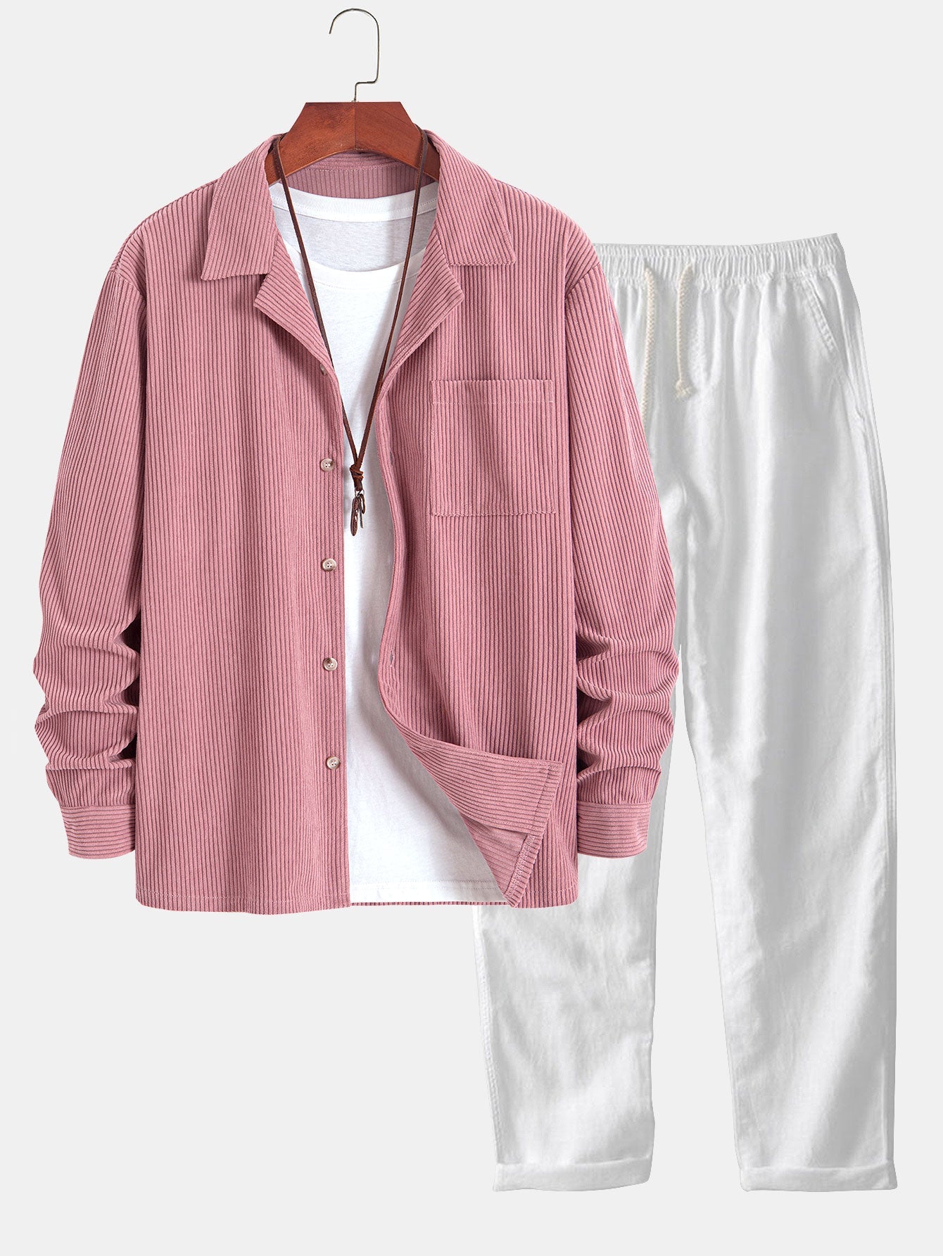 Men’s Corduroy Cuban Collar Shirt and Linen Blend Trousers – Relaxed Transitional Outfit