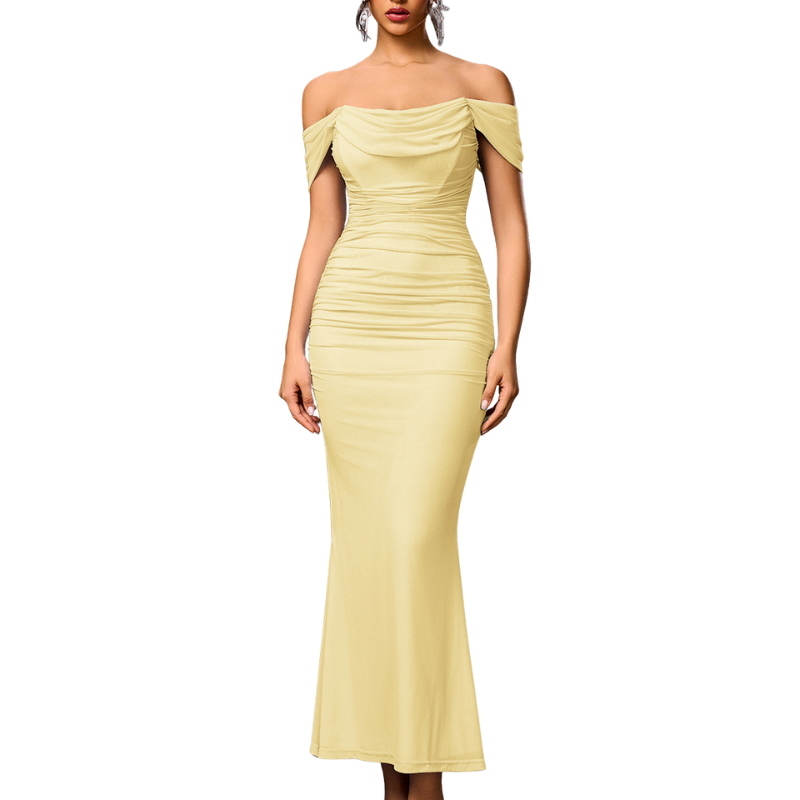 Schulterfreies Damen-Maxikleid mit Raffungen - figurbetonter Abendstil für Partys, formelle Anlässe und romantische Abende