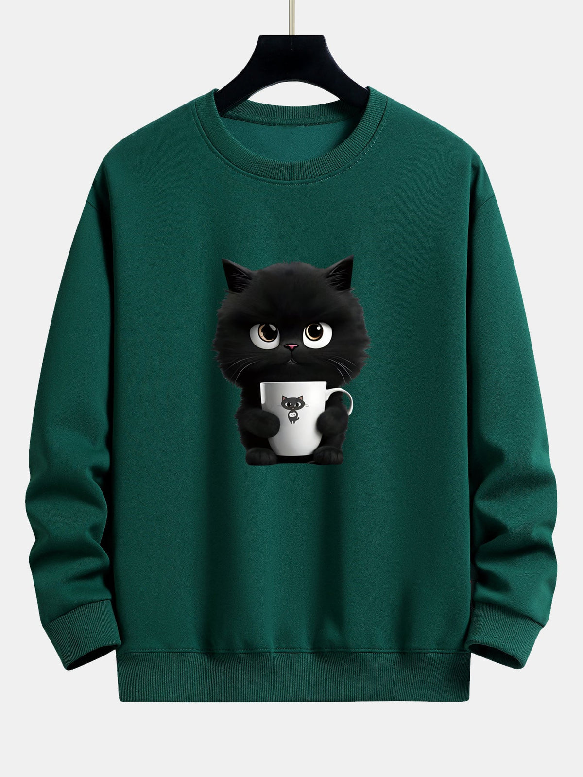 Niedliches Sweatshirt für Herren mit einer Katze, die Kaffee hält – Locker geschnittener Pullover aus Baumwollmischgewebe mit verspielter Kätzchen-Illustration und Rippbündchen