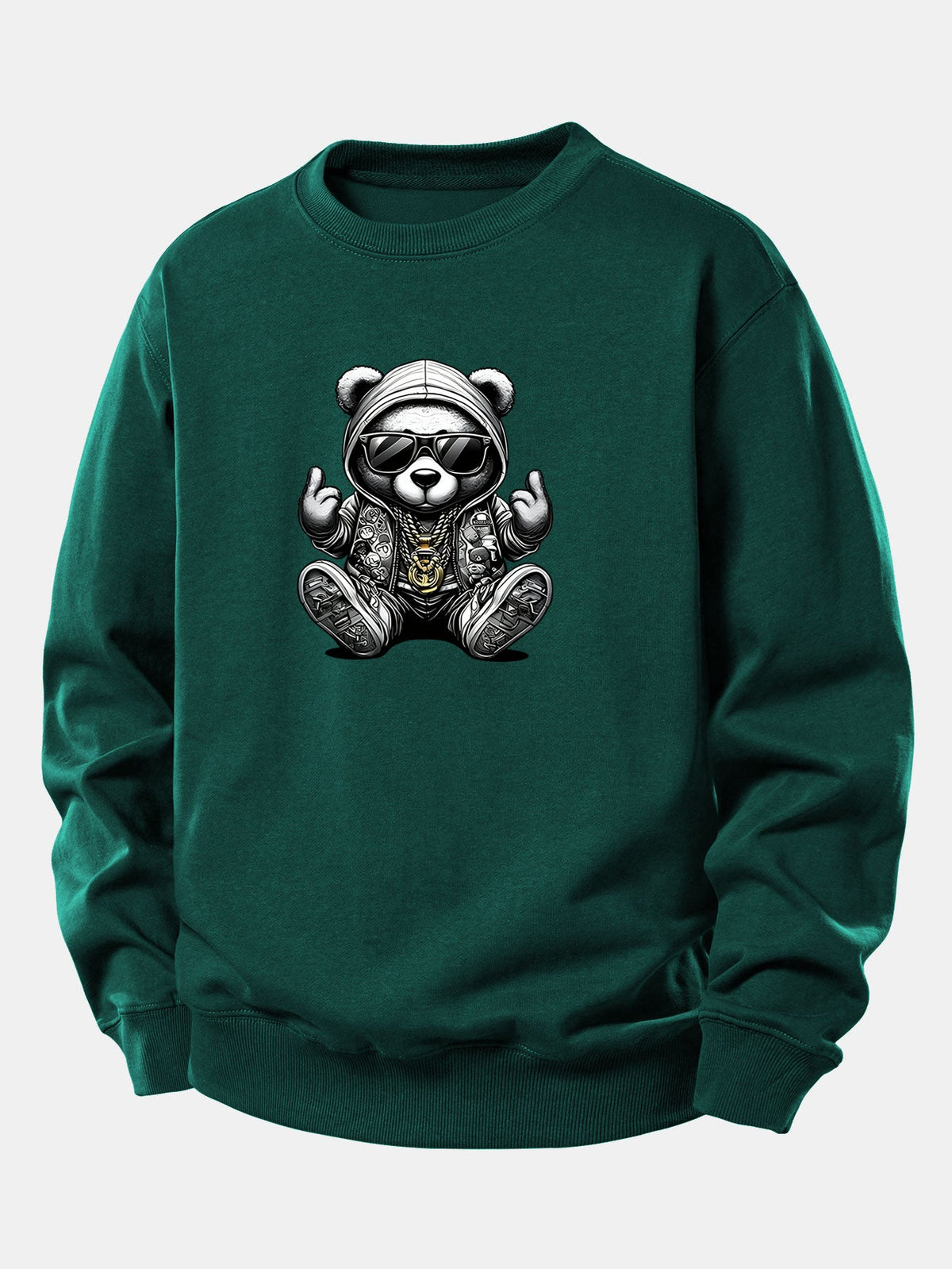 Camisola de homem de hip-hop com urso de peluche - corte descontraído, mistura de algodão, pulôver com capuz e gráfico de urso, ao estilo urbano