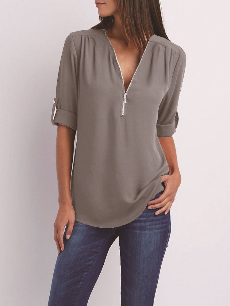 Women’s Zip-Neck Relaxed Blouse – Roll-Tab Sleeve Style for Everyday Wear