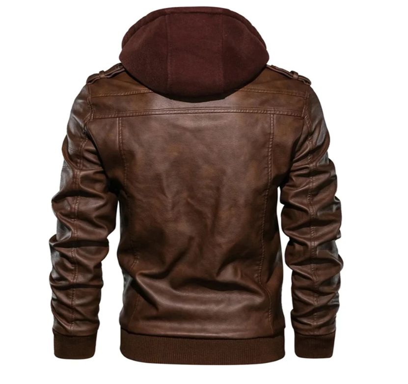 Herren-Lederjacke mit Kapuze und Utility-Design – Mehrtaschen-Schicht für den Alltag