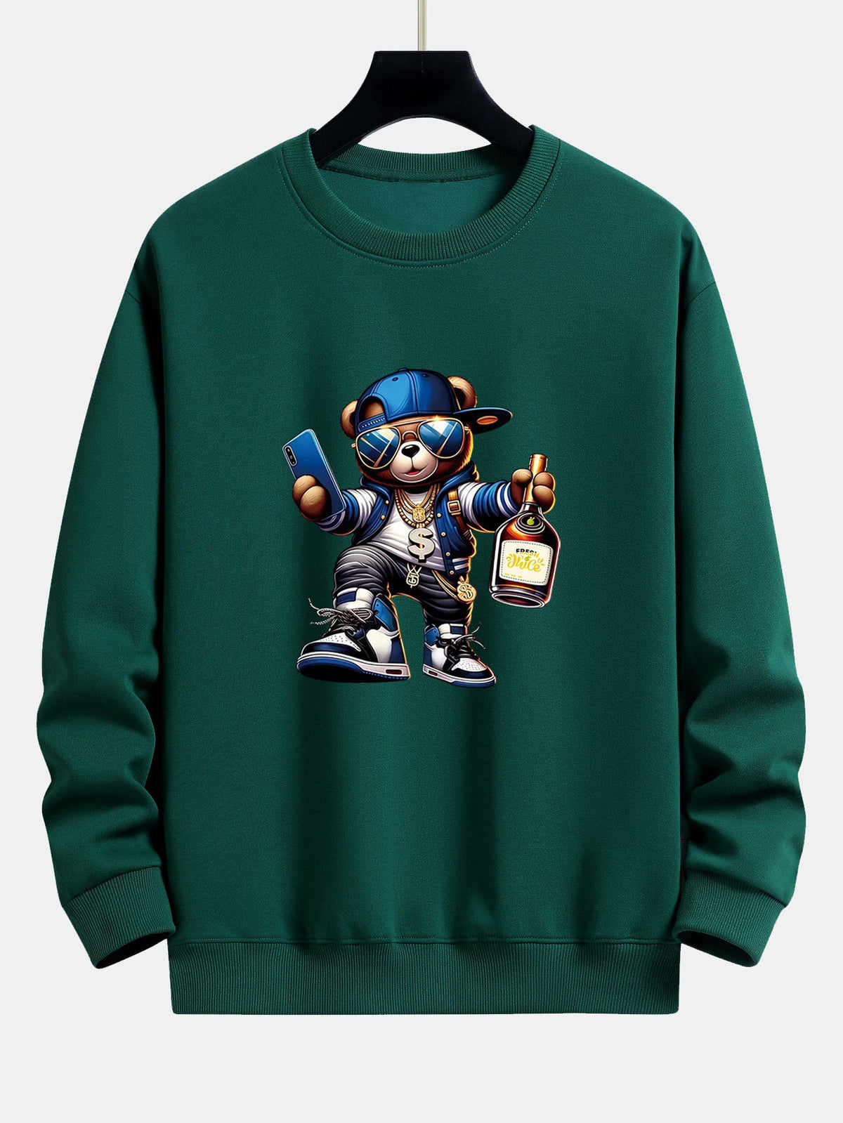Bluză bărbătească hip-hop cu grafică de ursuleț - croială lejeră, bluză streetwear din amestec de bumbac, cu guler rotund, pentru ținutele de zi cu zi
