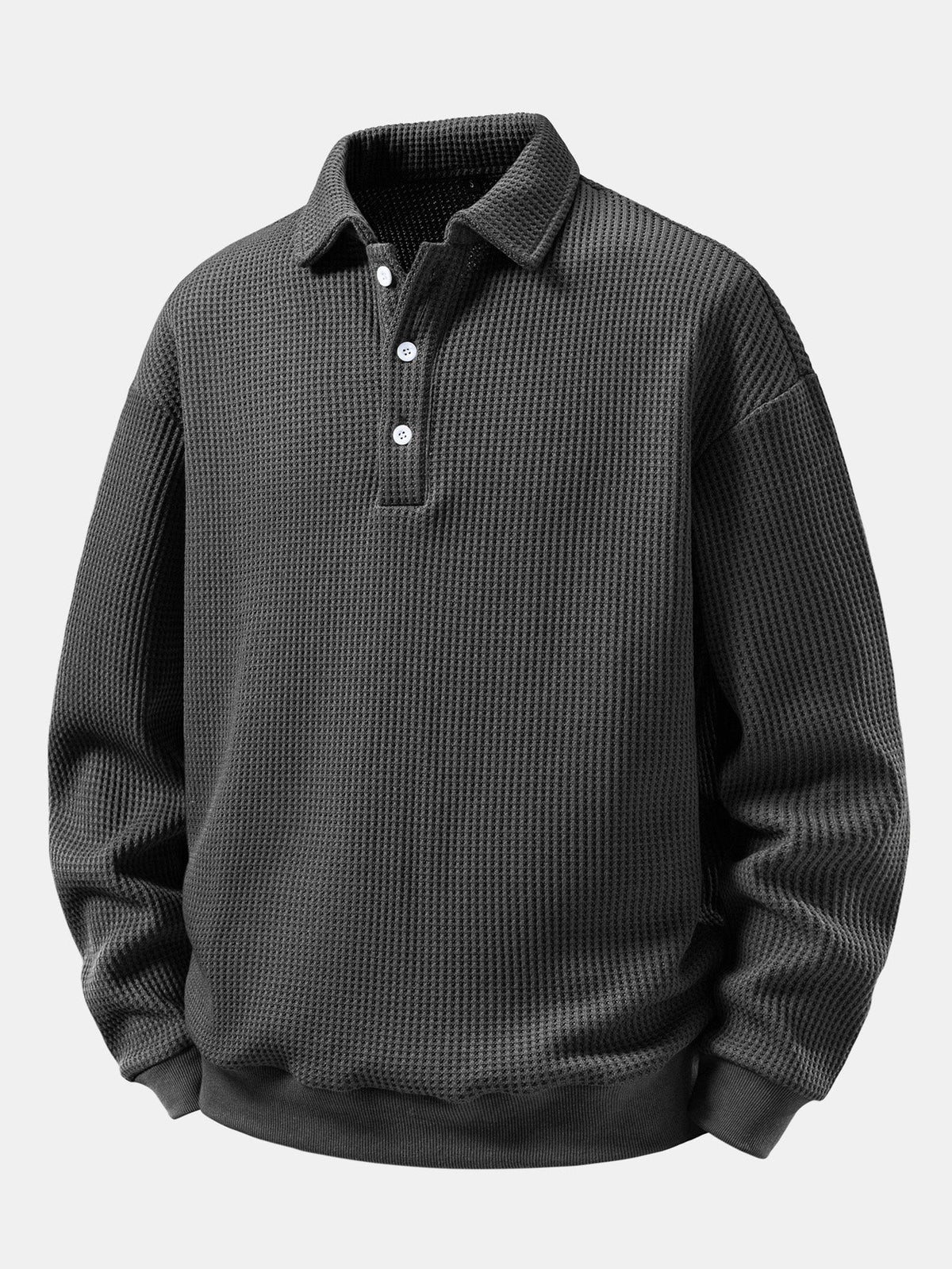 Men’s Waffle Textured Polo Sweatshirt with Button Collar – Relaxed Fit Long Sleeve Casual Pullover for Everyday Wear