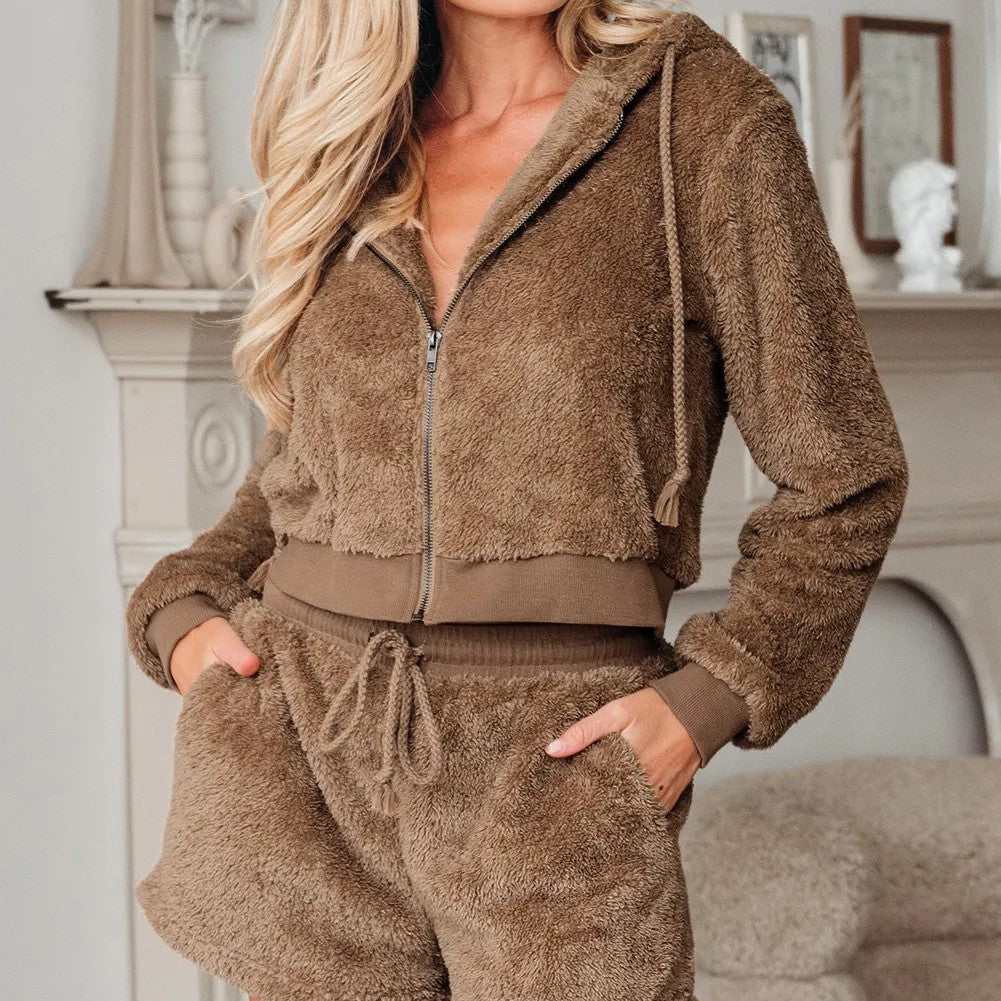 Set de damă cu hanorac cu fermoar din fleece teddy și pantaloni scurți cu șnur - ținută confortabilă de casă din două piese pentru confort zilnic