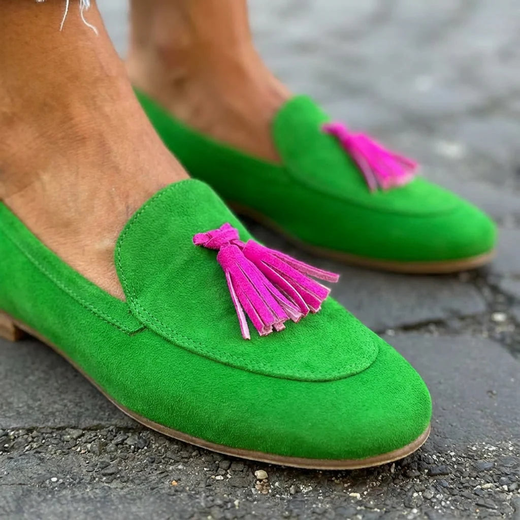 Mocasini damă din piele întoarsă, fără șireturi – pantofi plați cu talpă confortabilă pentru birou și weekend
