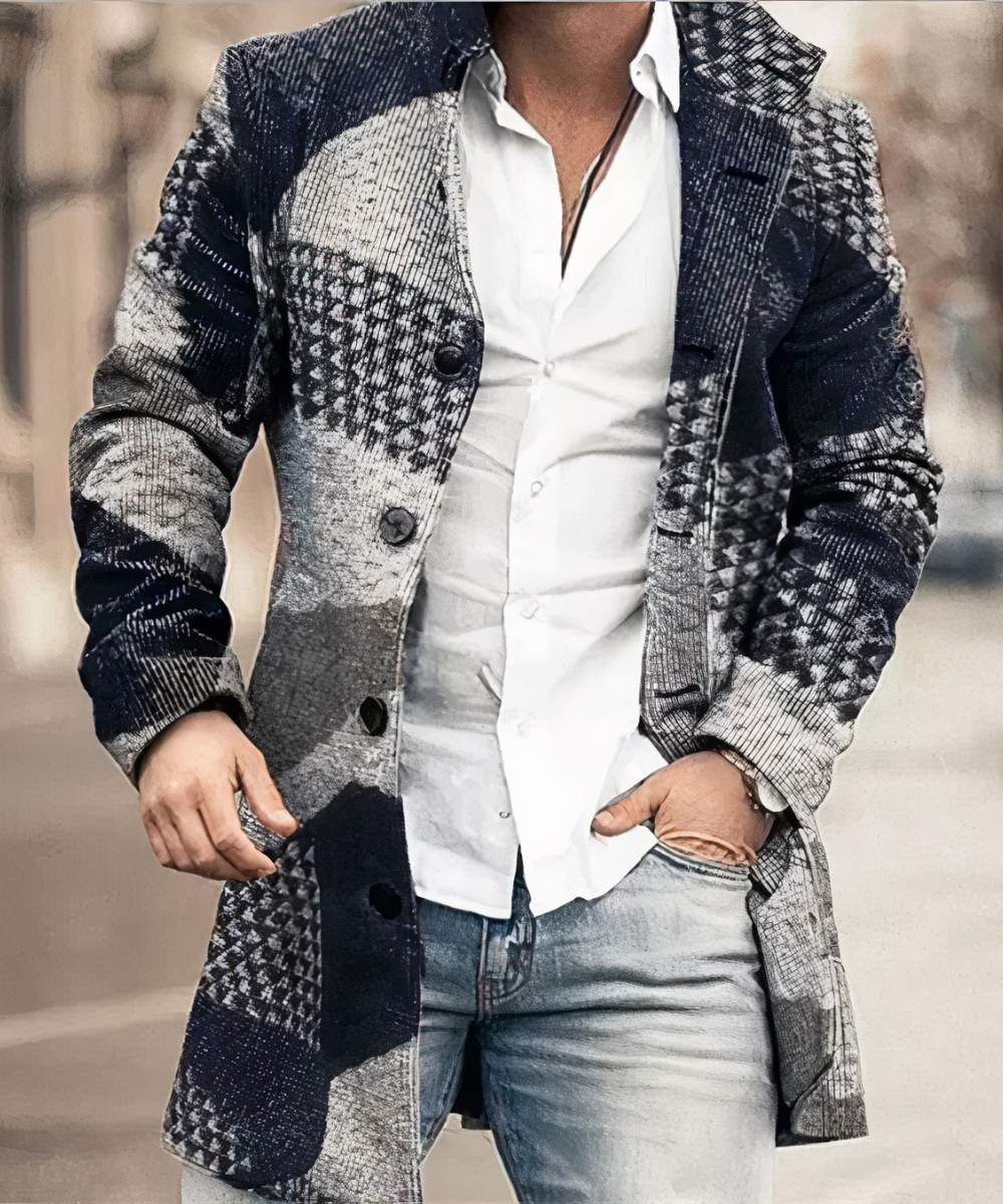 Men’s Single-Breasted Mid-Length Overcoat – Textured Tailored Layer with High Collar and Button Front