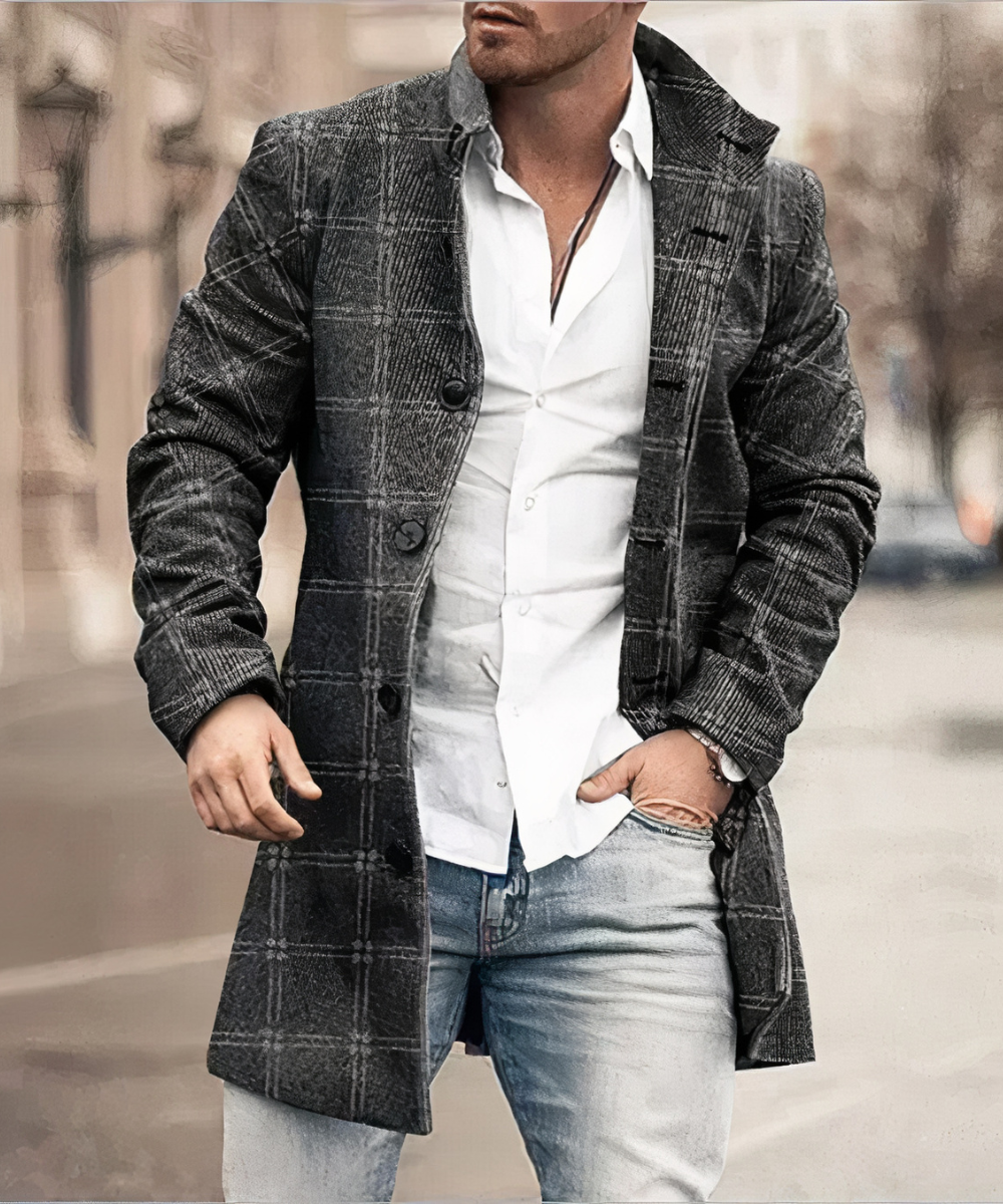 Men’s Single-Breasted Mid-Length Overcoat – Textured Tailored Layer with High Collar and Button Front