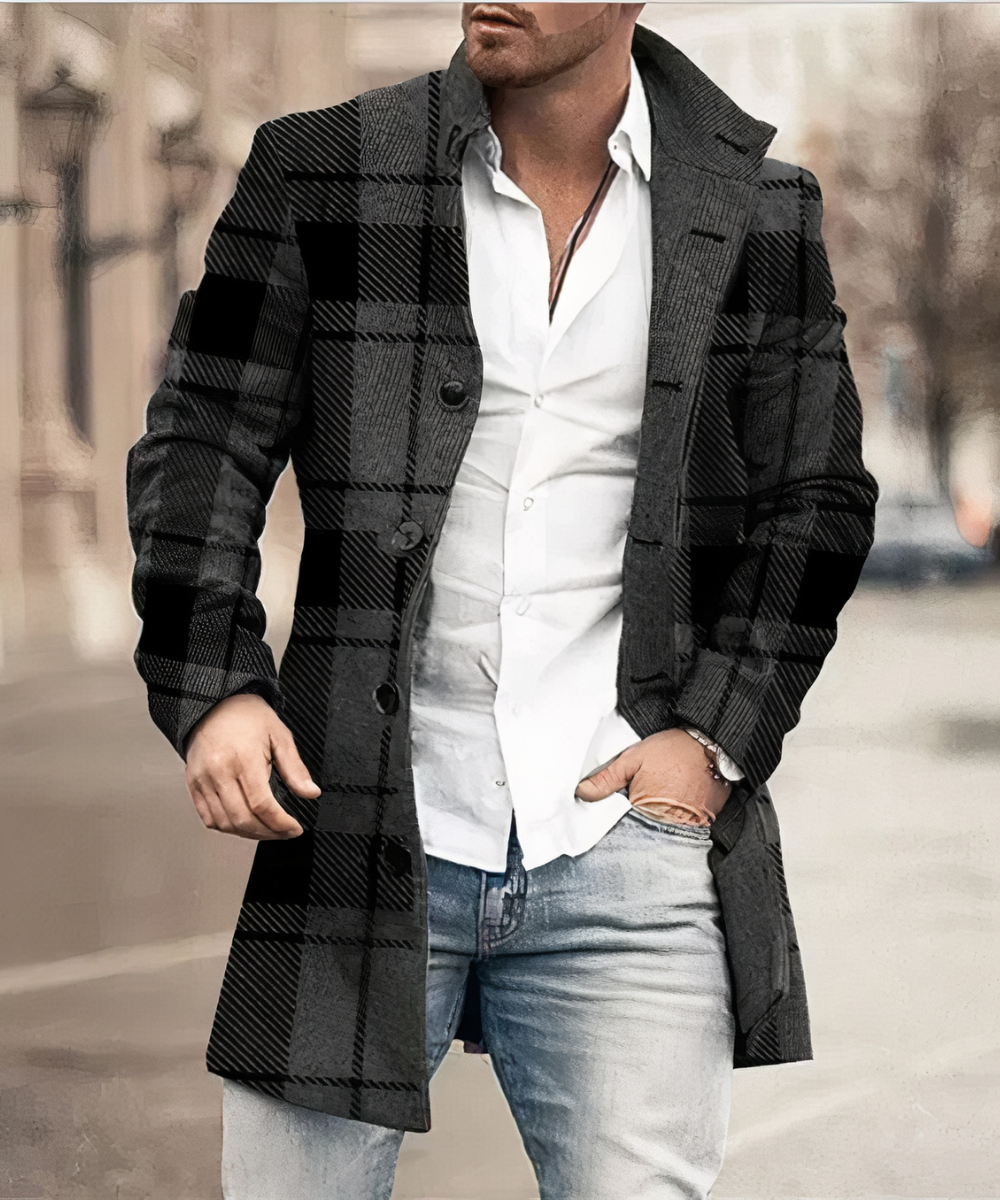 Men’s Single-Breasted Mid-Length Overcoat – Textured Tailored Layer with High Collar and Button Front