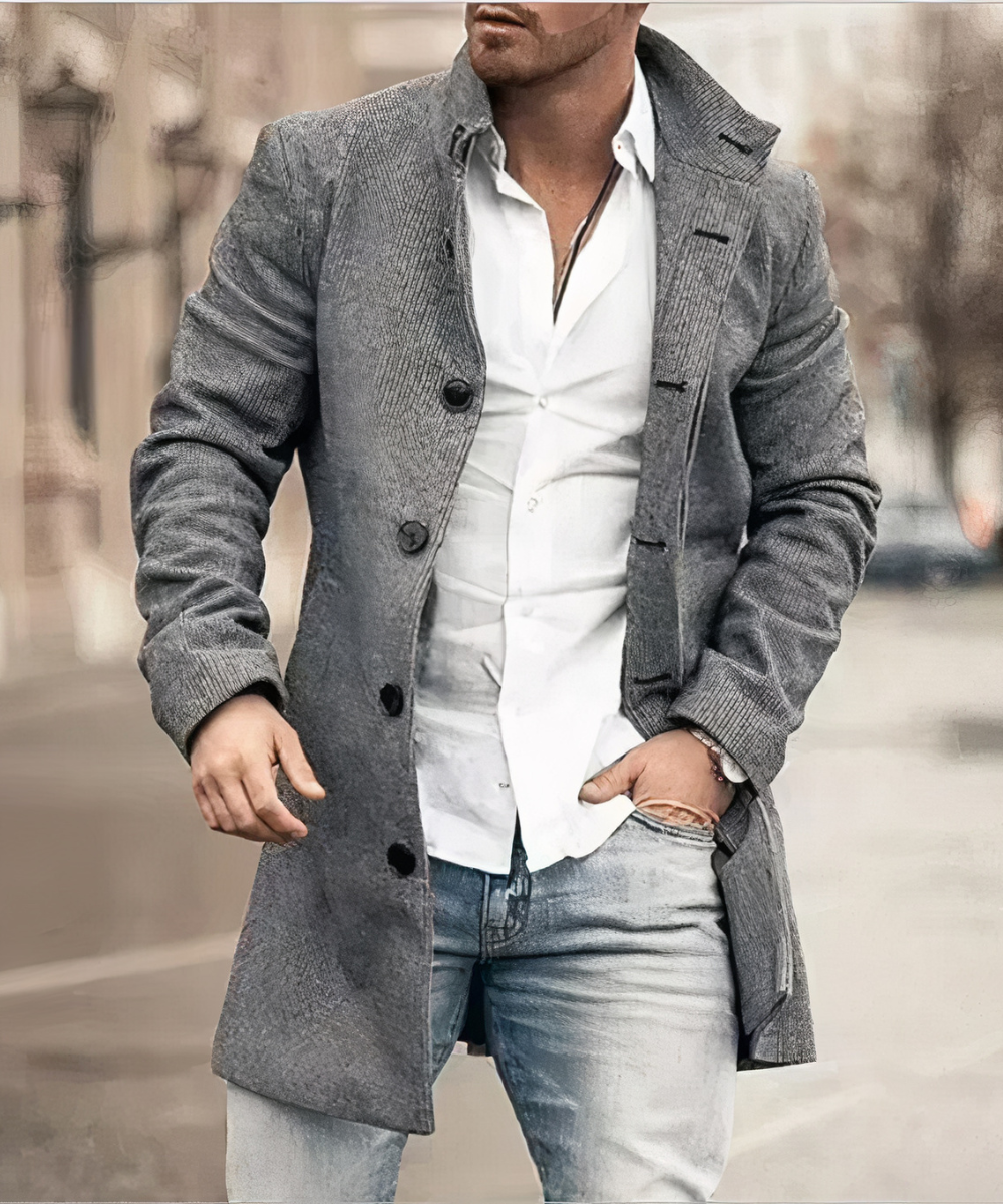 Men’s Single-Breasted Mid-Length Overcoat – Textured Tailored Layer with High Collar and Button Front