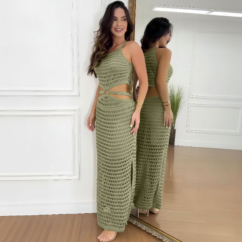 Women’s Cut-Out Openwork Maxi Dress – Sleeveless Summer Occasion Style with Front Slit